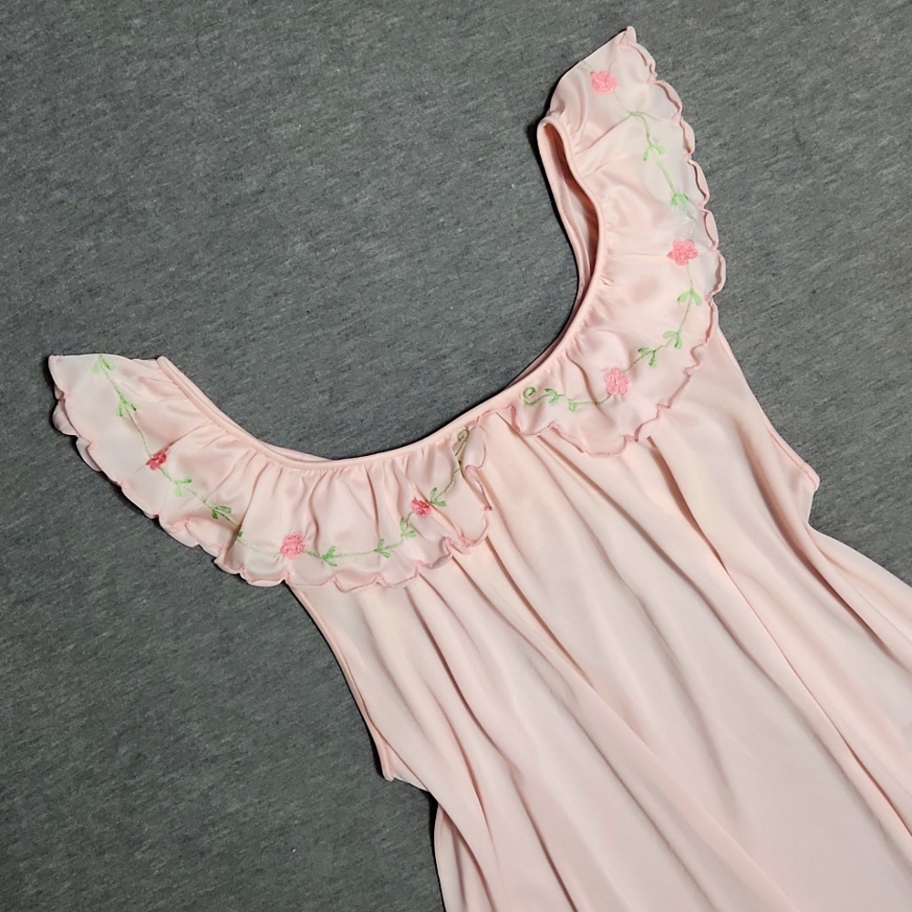 Vintage Ruffle Satin Floral Embroidered Lingerie Chemise Nightgown Slip Dress - Picture 1 of 10